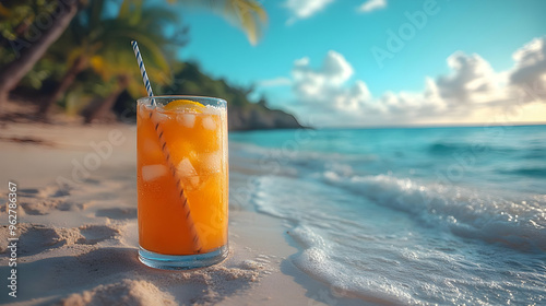 Beach Cocktail with Straw and Lemon Wedge - Photo