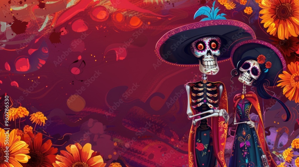 Obraz premium Skeletons in sombrero hats. Day of the Dead or Dia De Los Muertos Mexican holiday characters Katrina, skeletons and mariachi musicians.