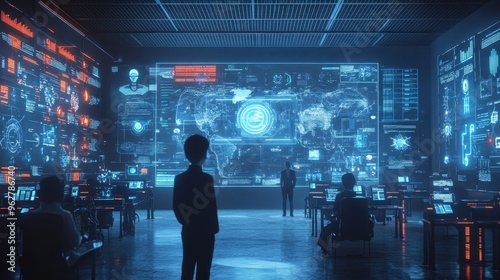 Futuristic Control Room with Holographic Display