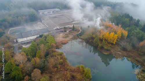 Aerial View of Chengdu’s Giant Panda Breeding Research Base, Mist-Enveloped for an Ethereal and Serene Atmosphere