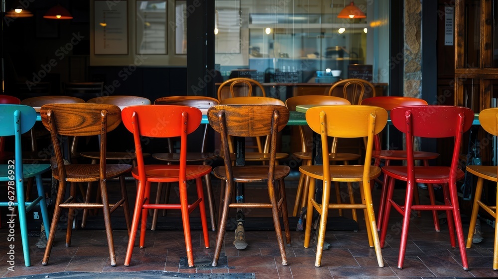Arrangement of wooden chairs with a standout colored chair.