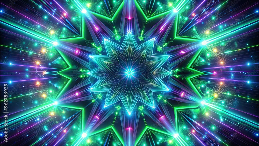 Retro-futuristic neon-lit starburst pattern with glowing purple, green, and blue hues, evoking nostalgia for the millennium bug era and futuristic digital aesthetics. Retro-futuristic neon-lit starburst pattern with glowing purple, green, and blue hues, evoking nostalgia for the millennium bug era and futuristic digital aesthetics.