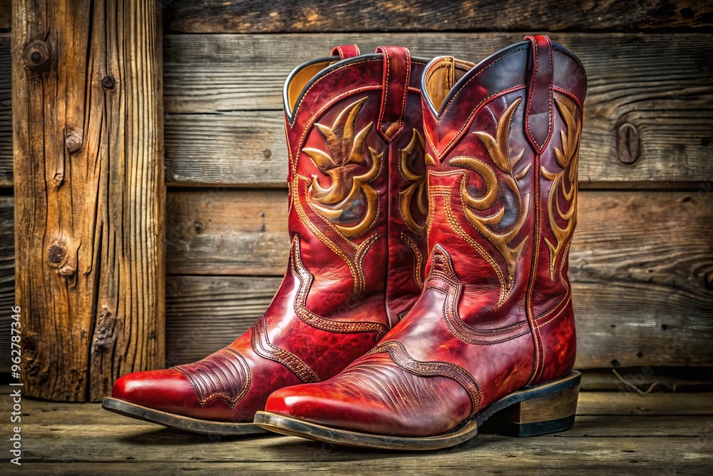 Rustic Red Leather Cowboy Boots With Intricate Stitching And A Weathered Patina, Capturing The Spirit Of The Wild Rustic Red Leather Cowboy Boots With Intricate Stitching And A Weathered Patina, Capturing The Spirit Of The Wild