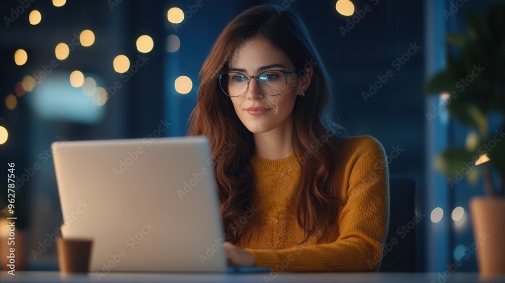 A woman with glasses, wearing a mustard sweater, working on her laptop at night in a cozy home office with warm bokeh lights in the background. A woman with glasses, wearing a mustard sweater, working on her laptop at night in a cozy home office with warm bokeh lights in the background.