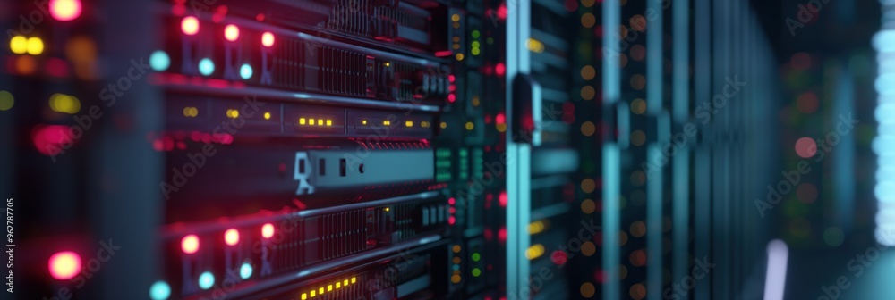 Server rack illuminated by bright LEDs in a dark data center. Close-up of complex network infrastructure with flashing lights, indicating high-speed data flow and processing. Server rack illuminated by bright LEDs in a dark data center. Close-up of complex network infrastructure with flashing lights, indicating high-speed data flow and processing.