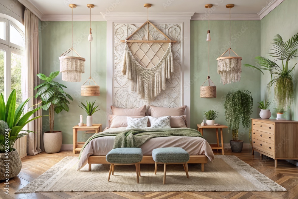 Serene Boho-Inspired Bedroom With Soft Pastel Hues, Macrame Accents, And Natural Textures Serene Boho-Inspired Bedroom With Soft Pastel Hues, Macrame Accents, And Natural Textures