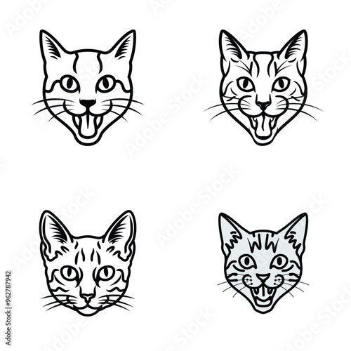 cute sleek cat face illustration silhouette, vector style pencil art on a white background
