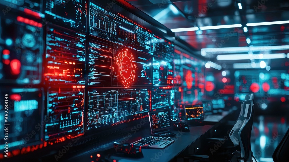 A high-tech futuristic control room filled with large screens, showcasing red warning symbols and alarms that signal a technological or cyber emergency, creating an atmosphere of urgency and alertness