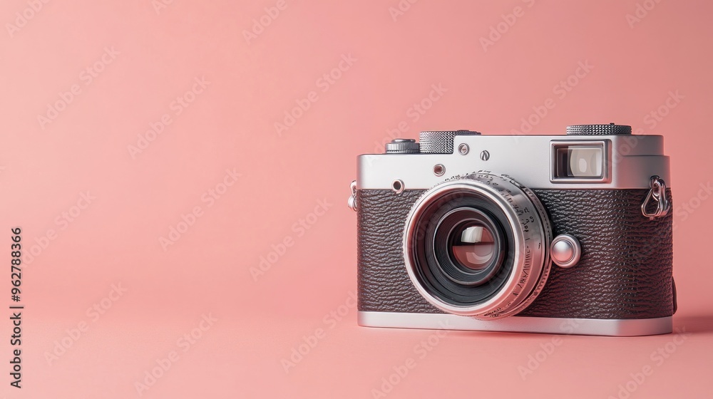 Fototapeta premium A vintage-style camera resting on a pink background, emphasizing photography and design.