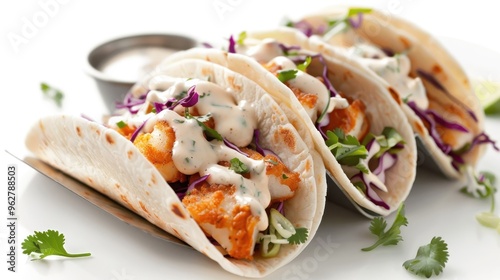 A photorealistic image of a fish taco with crispy beer-battered fish and tartar sauce.