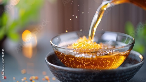 A close-up of ponzu sauce with citrus zest, daikon radish, and chili flakes.