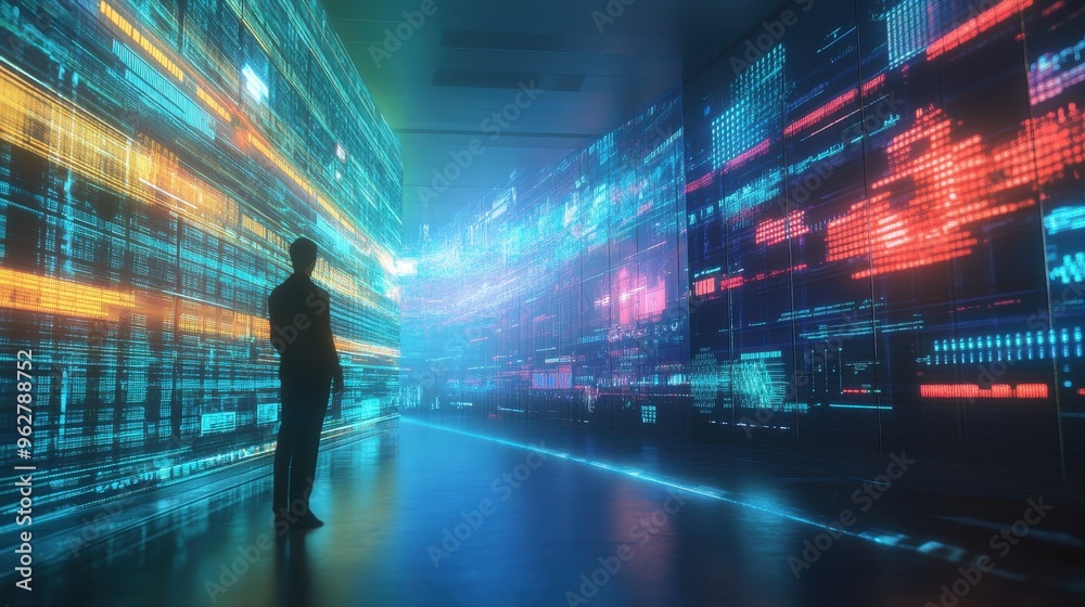 Futuristic Digital Cityscape with Silhouetted Figure Futuristic Digital Cityscape with Silhouetted Figure