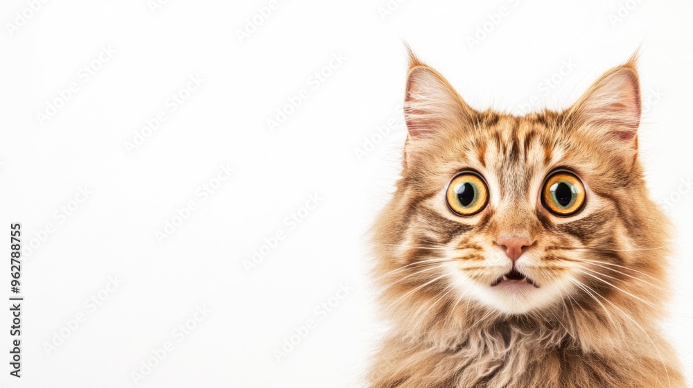 Fototapeta premium A furry cat with large, shocked eyes gazes curiously against a clean white backdrop, allowing ample space for inspirational quotes or fun messages