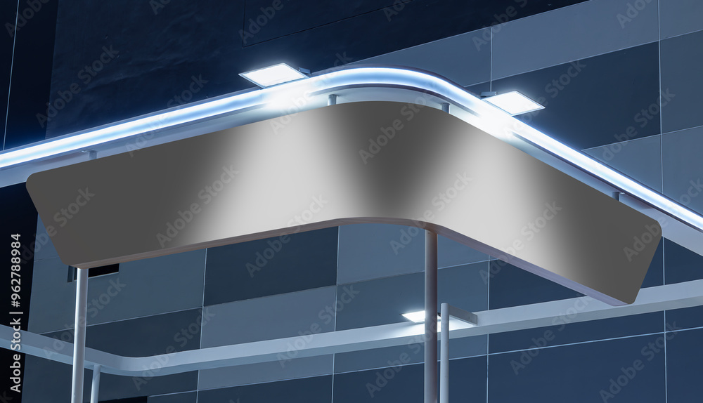 Fototapeta premium Mockup hanging gray banner billboard on exhibition booth. Clipping path for mockup