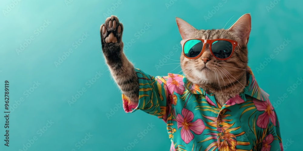 Stylish cat in sunglasses gives a high five against turquoise backdrop. Vibrant Hawaiian shirt, cool feline personality, playful pose, photogenic pet.