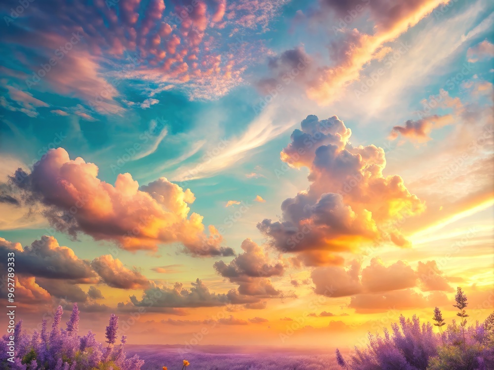 Softly blended pastel hues of peach, lavender, and mint dance across the serene horizon, merging with warm golden Softly blended pastel hues of peach, lavender, and mint dance across the serene horizon, merging with warm golden
