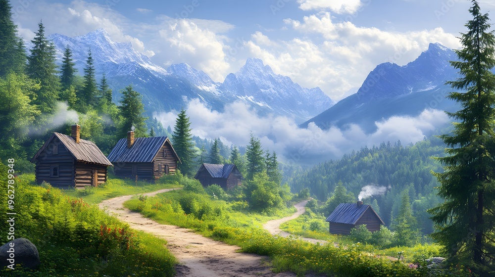 Mountain Cabin Landscape Illustration Mountain Cabin Landscape Illustration