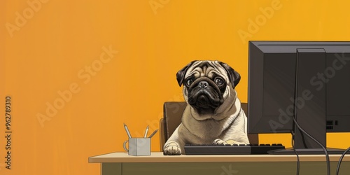 Pug dog sits at desk in front of computer, working on laptop. Yellow background creates home office atmosphere. Pet is focused, multitasking, and adorable while using technology. photo