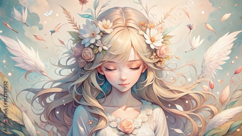 Soft, whimsical illustration of a serene anime-inspired girl surrounded by delicate florals and feathers, set against a