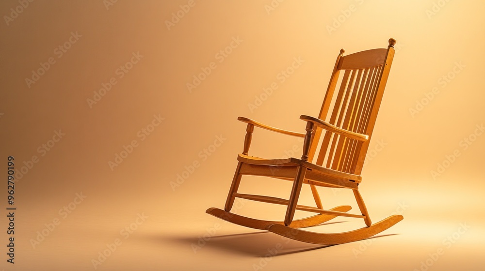 A wooden rocking chair illuminated by soft lighting, conveying a sense of comfort and relaxation. A wooden rocking chair illuminated by soft lighting, conveying a sense of comfort and relaxation.