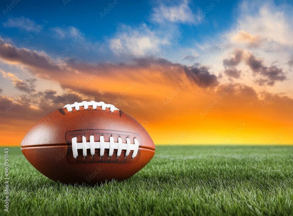 American Football on the Grass Field with Sunset Sky Background, Space for Text and Title Design American Football on the Grass Field with Sunset Sky Background, Space for Text and Title Design