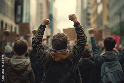 Urban crowd raises fists in protest march. People standing together in city street demonstration against something. Angry faces in a sea of protesters.