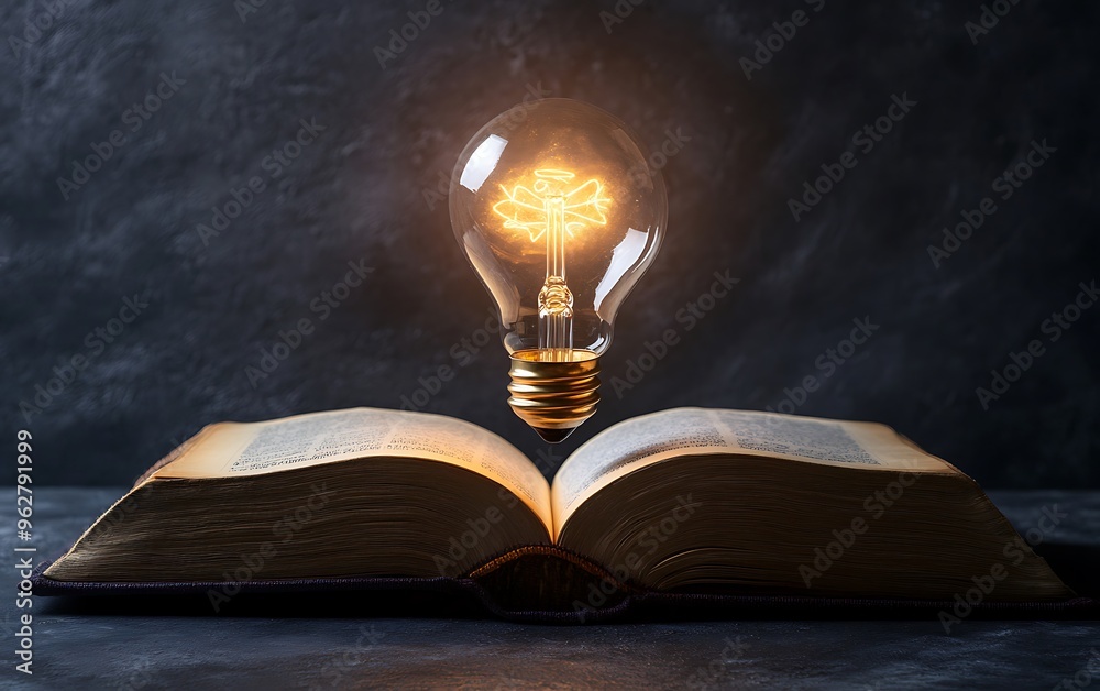 © Keattipoom - Illuminating Ideas - Open Book with Glowing Light Bulb Signifying Enlightenment and Creativity