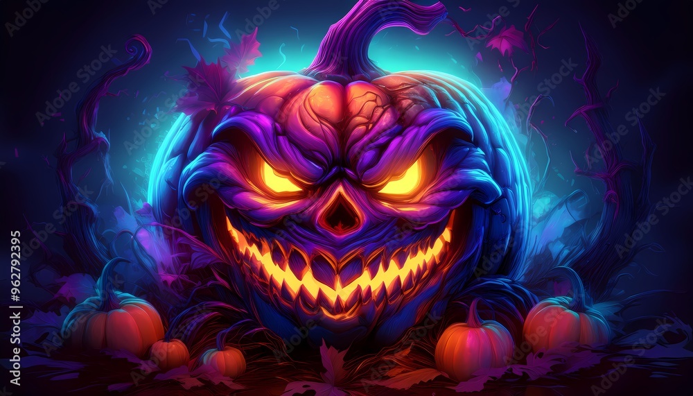A carved pumpkin with a sinister grin, glowing in the dark A carved pumpkin with a sinister grin, glowing in the dark