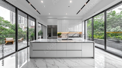 Modern kitchen with sleek design and large windows overlooking greenery.