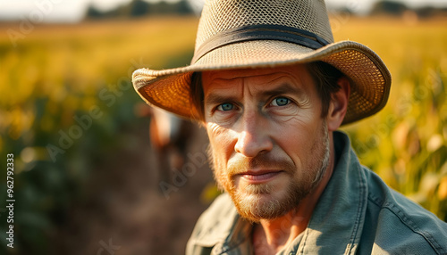 A middle-aged Caucasian man with a long beard and a wide-brimmed hat standing in a field of yellow flowers