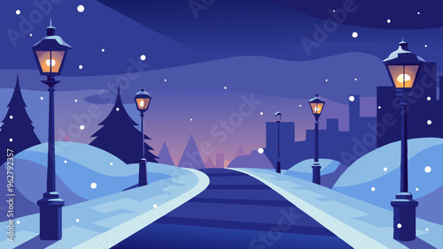 Snow-covered street with vintage lampposts in the night glowing warmly. vector illustration 
