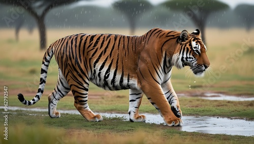 Experience the powerful beauty of nature with this stunning 8K high-resolution photograph featuring a majestic tiger walking through a gentle rain shower on the savannah.