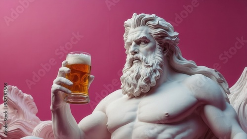 A statue of a man resembling Greek God Zeus holding a beer glass