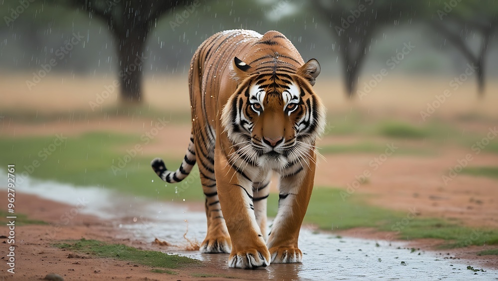 Fototapeta premium Experience the powerful beauty of nature with this stunning 8K high-resolution photograph featuring a majestic tiger walking through a gentle rain shower on the savannah.
