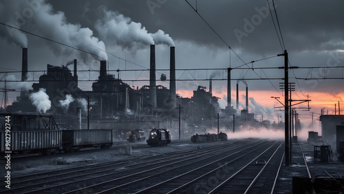 Dramatic industrial skyline with smoke stacks and railroad tracks at twilight