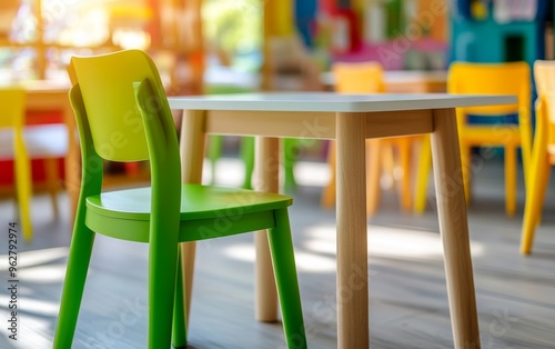 Blurred office interior with colorful art on the walls and tables