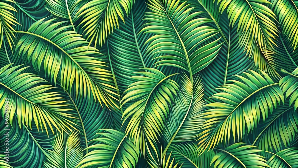 Vibrant green palm tree leaf pattern features intricate veins and delicate edges, creating a stunning tropical design element perfect for summer-inspired graphics and textiles. Vibrant green palm tree leaf pattern features intricate veins and delicate edges, creating a stunning tropical design element perfect for summer-inspired graphics and textiles.
