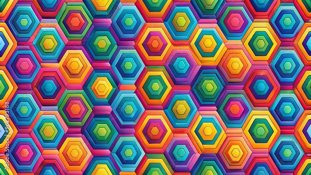 Vibrant hexagonal geometric pattern forms a seamless repeat background, with interconnected shapes in bright colors, Vibrant hexagonal geometric pattern forms a seamless repeat background, with interconnected shapes in bright colors,