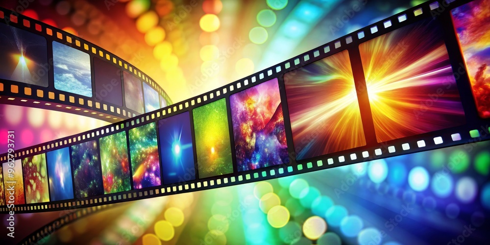 Obraz premium Film Strip with Colorful Frames and Bokeh Lights, Film , Bokeh , Cinematic