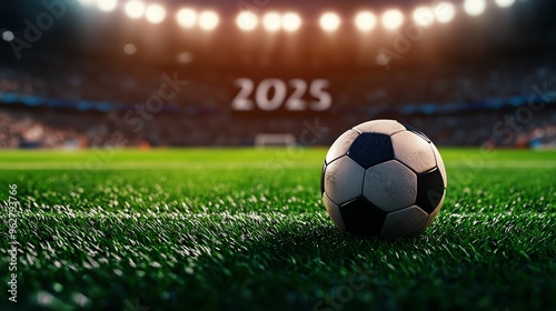 A close-up of a soccer ball on vibrant green grass, illuminated by stadium lights, representing the excitement of 2025.