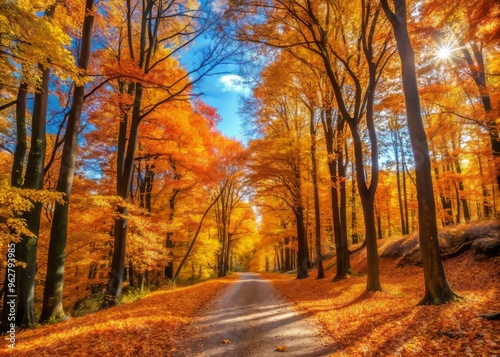 Vibrant orange and yellow leaves crunch beneath footsteps on a winding forest path, surrounded by towering trees