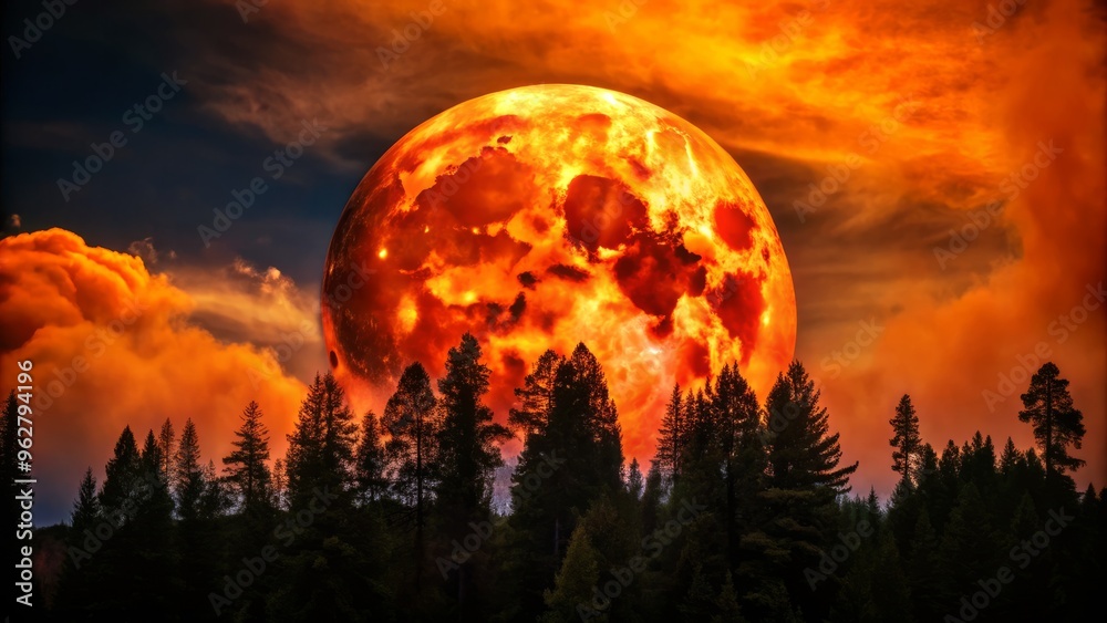 Vibrant orange-red full moon rises above dark silhouetted forest, casting an eerie glow on scattered clouds, in a rare and captivating lunar eclipse event. Vibrant orange-red full moon rises above dark silhouetted forest, casting an eerie glow on scattered clouds, in a rare and captivating lunar eclipse event.