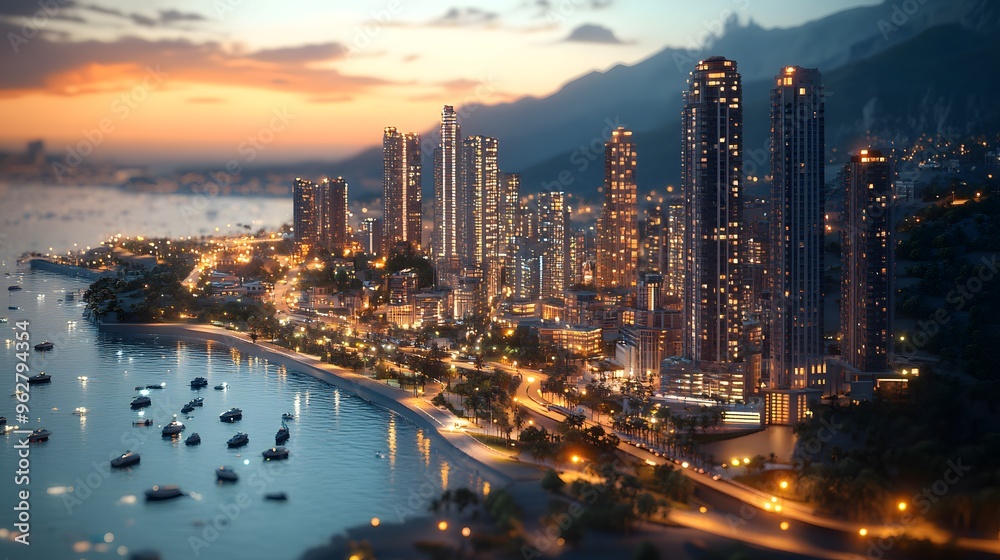 Night Cityscape with Boats and a Sunset Sky - 3D Illustration Night Cityscape with Boats and a Sunset Sky - 3D Illustration