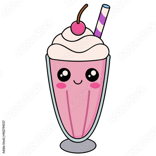 kawaii pink milkshake with whipped cream and cherry on top in glass with straw