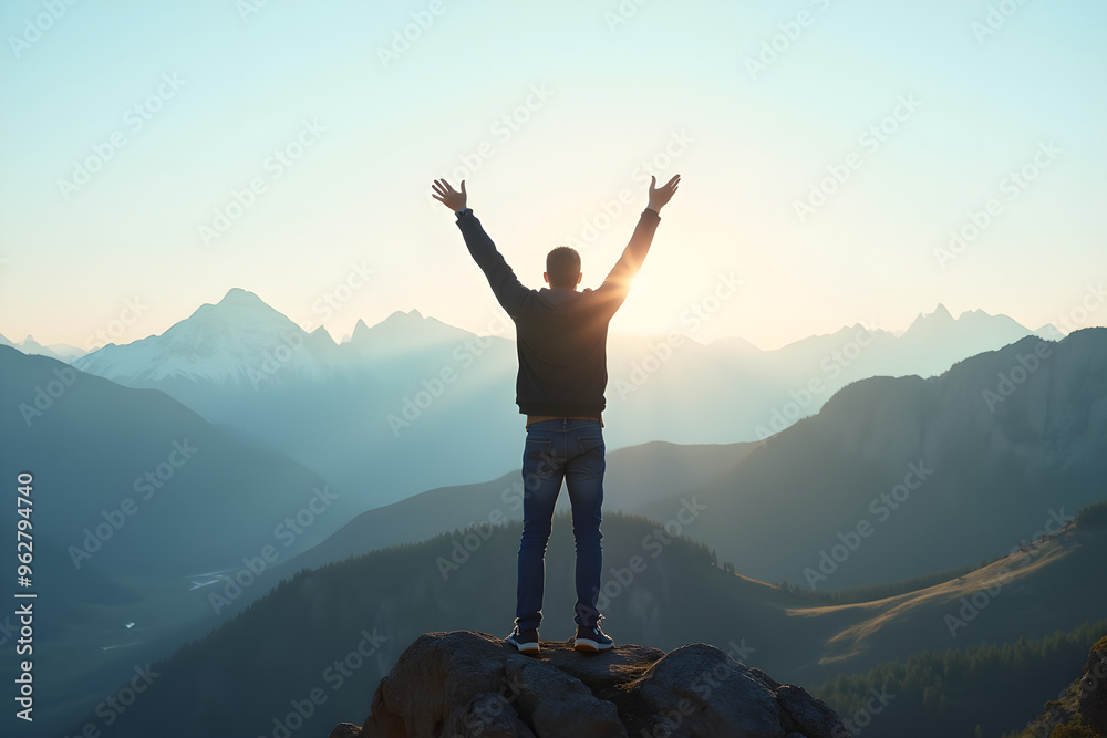 a man with raised arms stands on top of a mountain a man with raised arms stands on top of a mountain