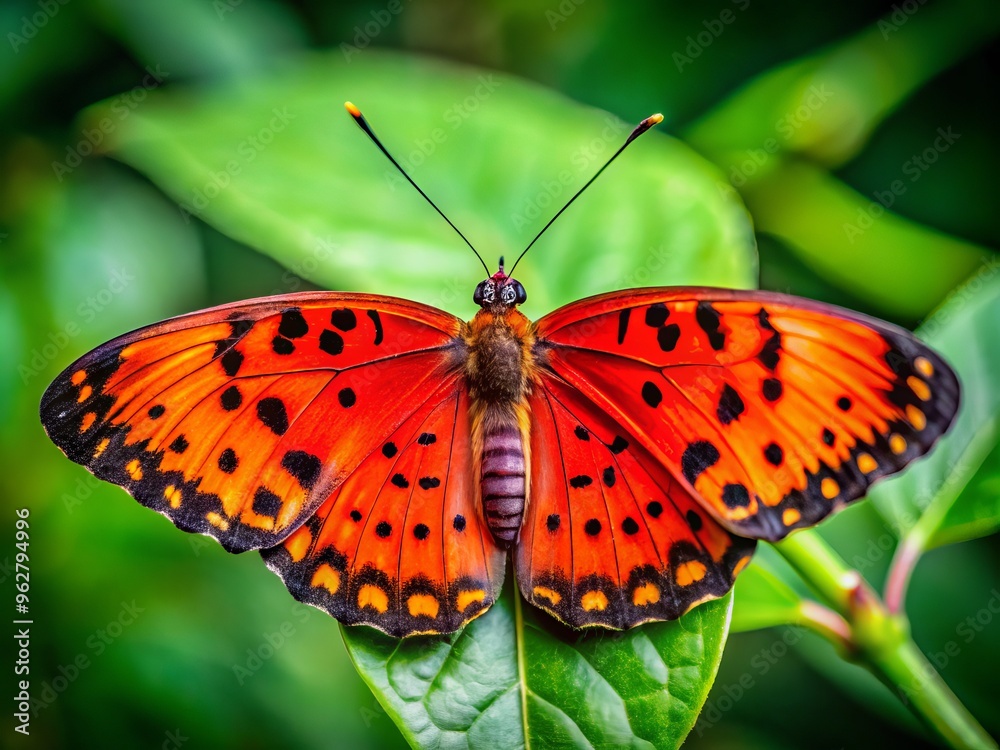 Vibrant red butterfly with black spots and delicate wings perched on a green leaf, its antennae and legs Vibrant red butterfly with black spots and delicate wings perched on a green leaf, its antennae and legs