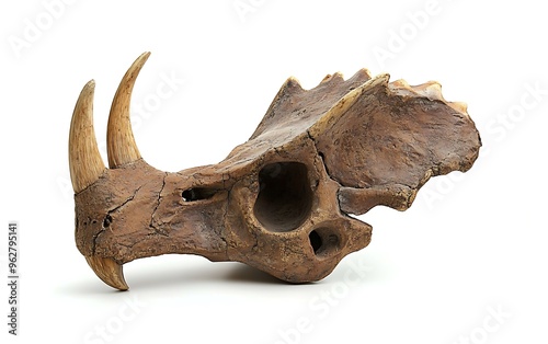 Prehistoric Perfection: Triceratops Skull Side View on White Background