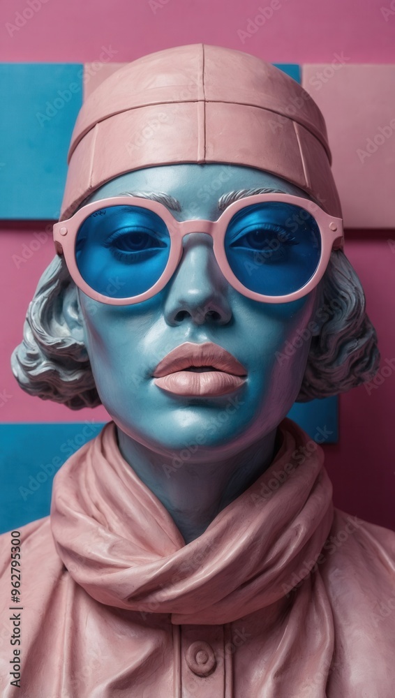 A woman in a pink hat and sunglasses is posed in a blue and pink background A woman in a pink hat and sunglasses is posed in a blue and pink background