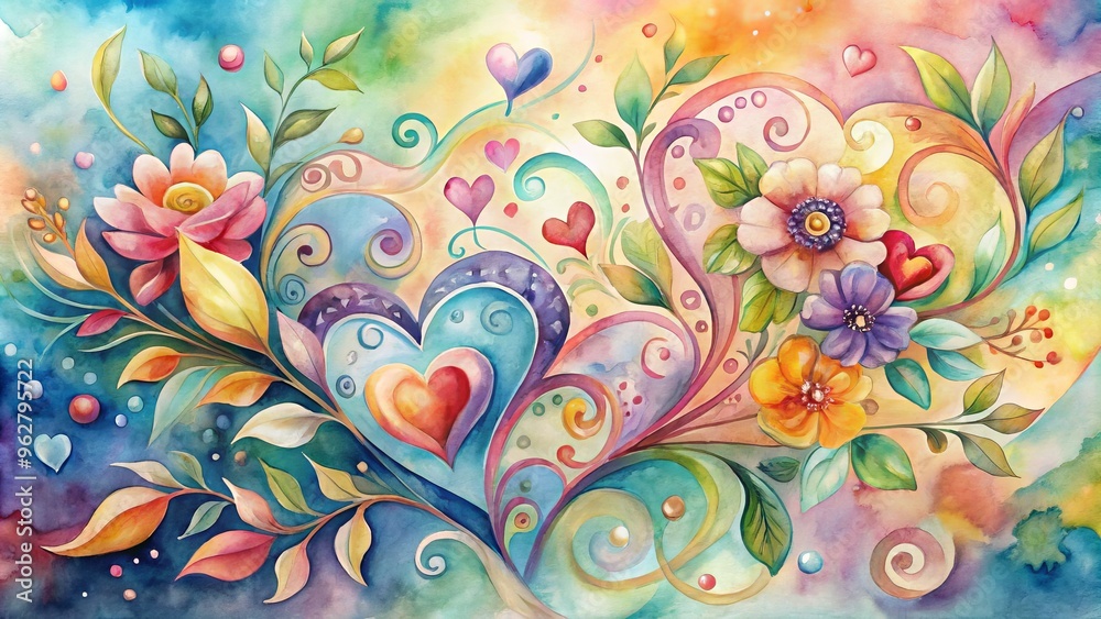 Vibrant watercolor painting depicting abstract swirling hearts, flowers, and leaves in pastel hues, capturing the essence of romantic love and tender affection on canvas. Vibrant watercolor painting depicting abstract swirling hearts, flowers, and leaves in pastel hues, capturing the essence of romantic love and tender affection on canvas.