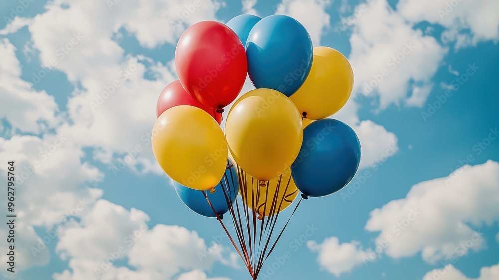 A cheerful bunch of colorful balloons against a bright blue sky, perfect for celebrations and festive occasions. A cheerful bunch of colorful balloons against a bright blue sky, perfect for celebrations and festive occasions.